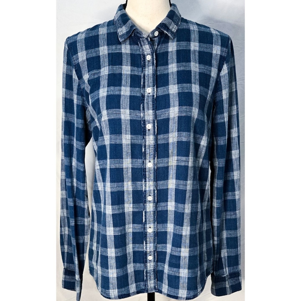 J Crew Boy Button Down Shirt Long Sleeve Blue White Grid Plaid Cotton Collared